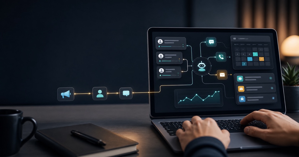 AI lead engine workflow dashboard with call, chat, email, CRM, and booking automation